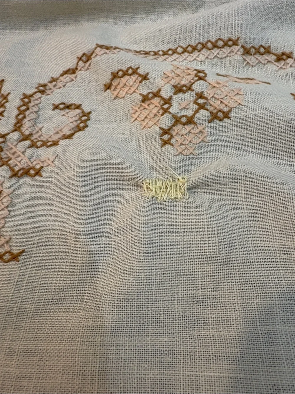 Handmade Oval Cream Cross-stitch Tablecloth with Tan Scrolls